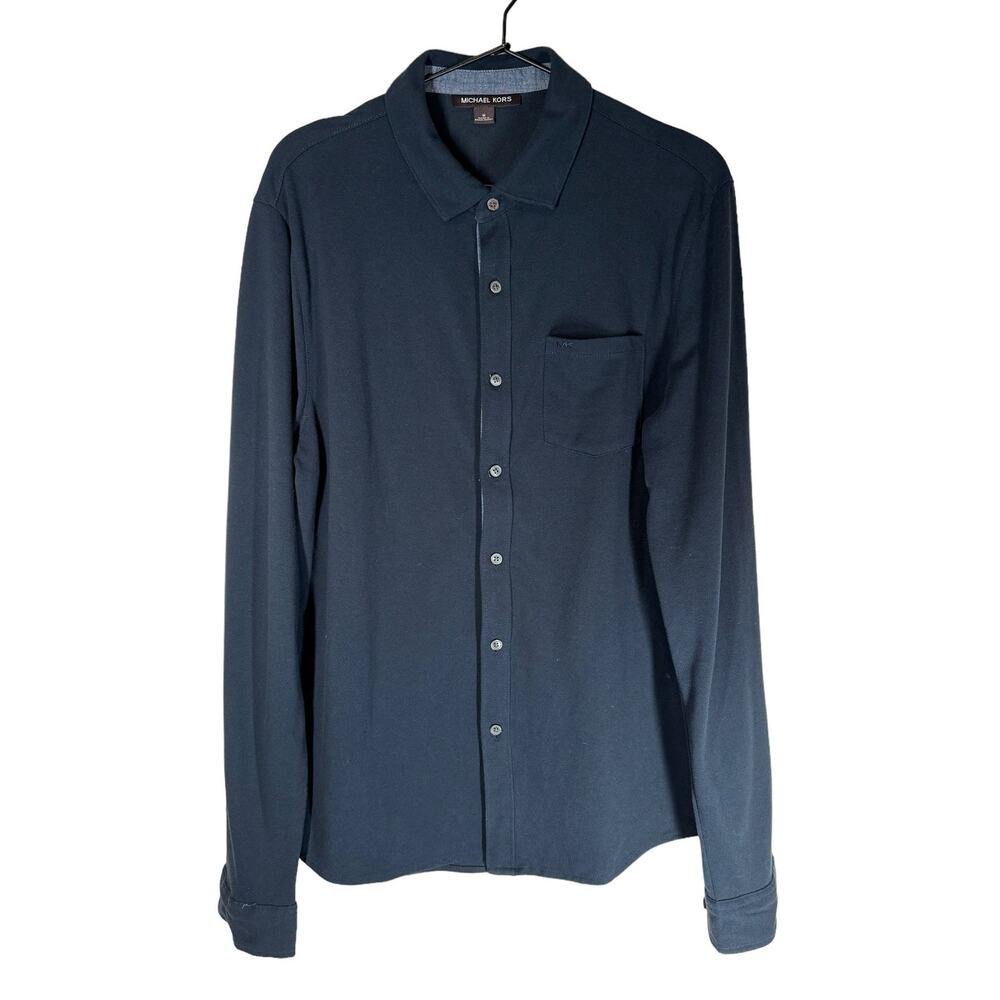 Michael Kors Men's Navy Blue Long Sleeve Stretch Knit Button Down Medium